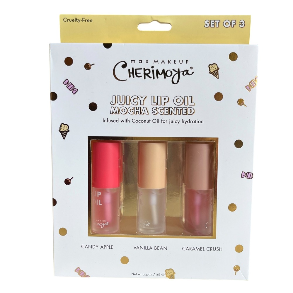 Max Makeup Cherimoya Juicy Tinted Lip Gloss Oil 3pc Set Mocha Scented Nude Pink